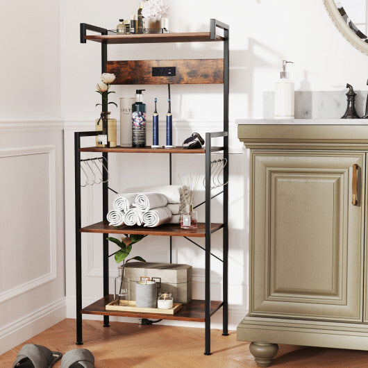 4-Tier Kitchen Bakers Rack with Power Outlet and 8 Hooks-Rustic Brown W2B