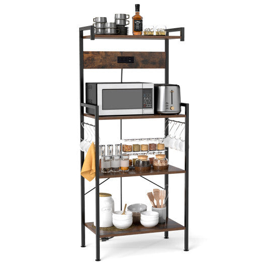 4-Tier Kitchen Bakers Rack with Power Outlet and 8 Hooks-Rustic Brown W2B