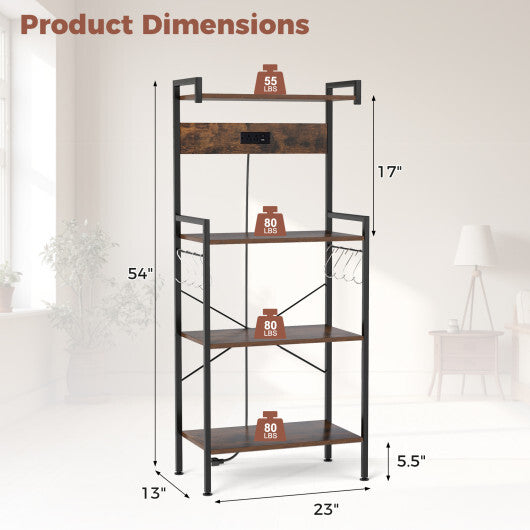 4-Tier Kitchen Bakers Rack with Power Outlet and 8 Hooks-Rustic Brown W2B