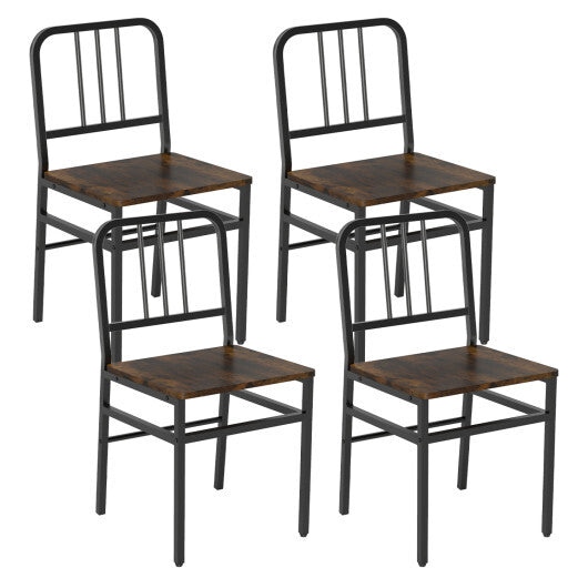Dining Chairs Set of 4 with Slatted Backrest & Metal Frame and Wooden Seat-Rustic Brown W2B