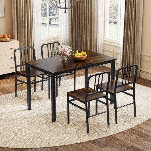 Dining Chairs Set of 4 with Slatted Backrest & Metal Frame and Wooden Seat-Rustic Brown W2B