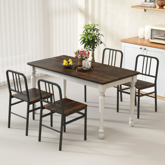 Dining Chairs Set of 4 with Slatted Backrest & Metal Frame and Wooden Seat-Rustic Brown W2B