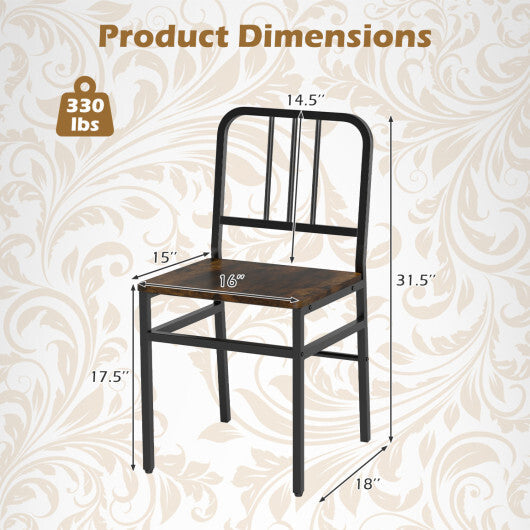 Dining Chairs Set of 4 with Slatted Backrest & Metal Frame and Wooden Seat-Rustic Brown W2B