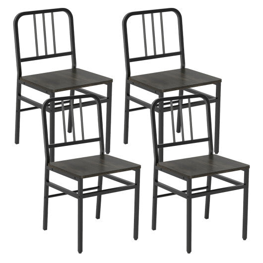 Dining Chairs Set of 4 with Slatted Backrest & Metal Frame and Wooden Seat-Rustic Brown W2B