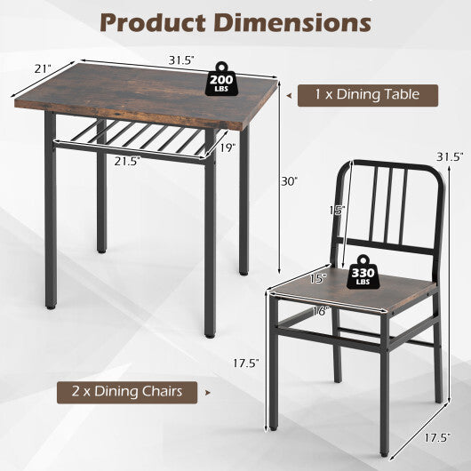 3-Piece Dining Table Set with Rectangular Kitchen Table and 2 Chairs-Rustic Brown W2B