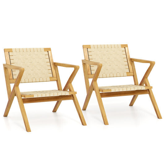 Outdoor and Indoor Teak Wood Patio Chair wuth Webbing Seat and Backrest-Natural