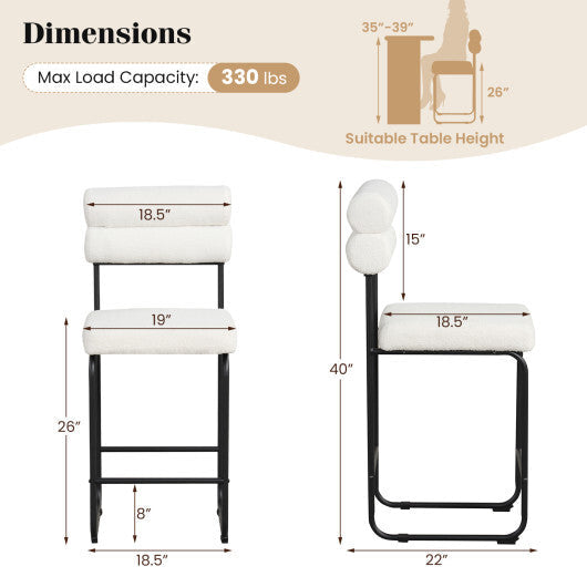 26 Inch Counter Height Bar Stools Set of 2 with Metal Frame and Footrest-White W2B