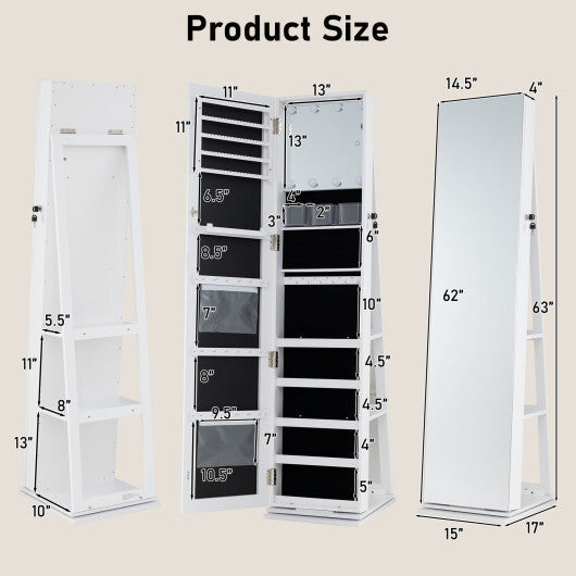 360 Swivel Jewelry Cabinet with Full Length Mirror-White W2B