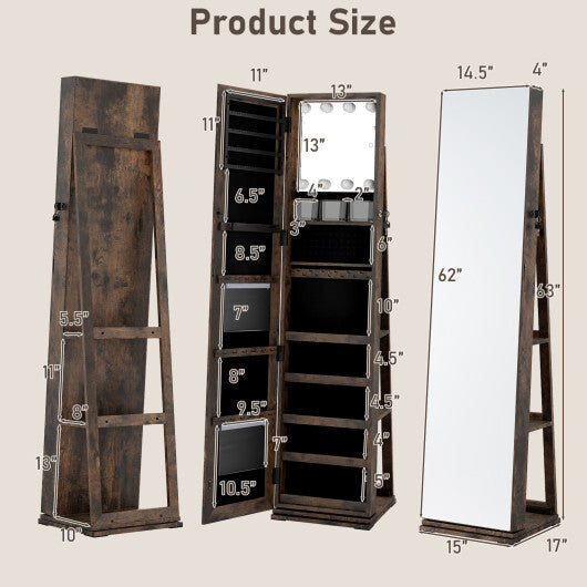 360 Swivel Jewelry Cabinet with Full Length Mirror-White W2B