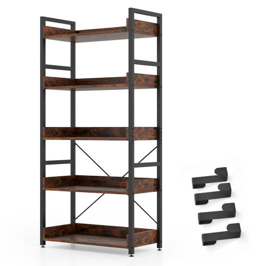 5-Tier Bookshelf with 4 Hooks Industrial Storage Bookcase-Rustic Brown W2B