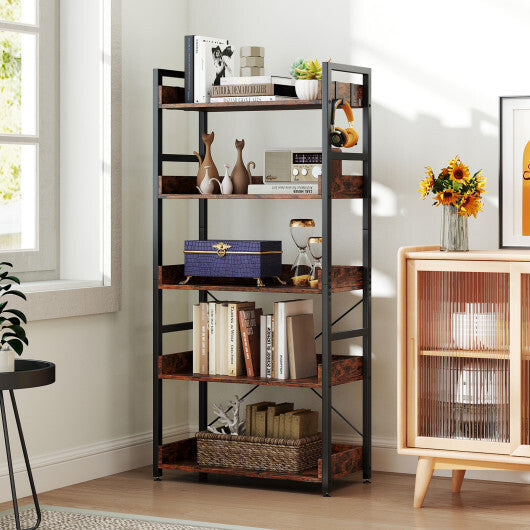 5-Tier Bookshelf with 4 Hooks Industrial Storage Bookcase-Rustic Brown W2B