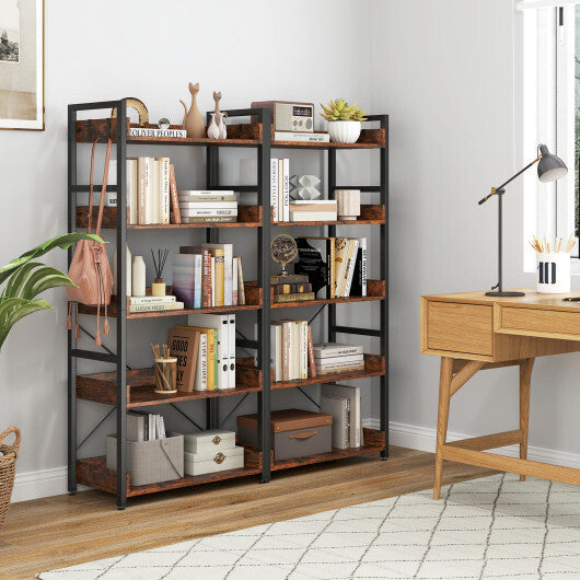 5-Tier Bookshelf with 4 Hooks Industrial Storage Bookcase-Rustic Brown W2B