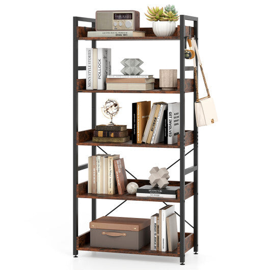 5-Tier Bookshelf with 4 Hooks Industrial Storage Bookcase-Rustic Brown W2B