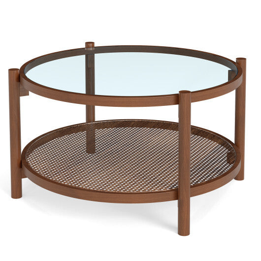 31 Inch 2-Tier Round Coffee Table with Tempered Glass Top for Living Room-Cherry W2B