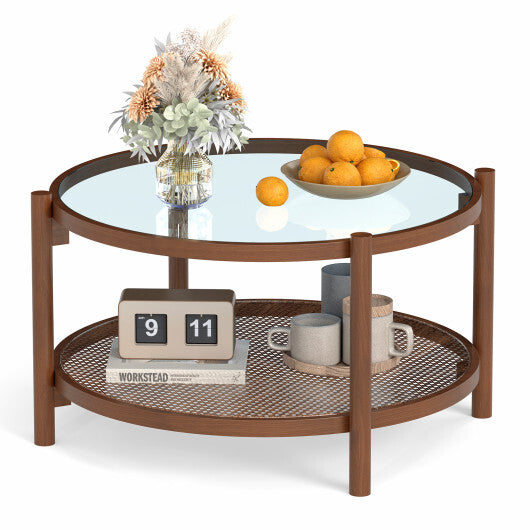 31 Inch 2-Tier Round Coffee Table with Tempered Glass Top for Living Room-Cherry W2B