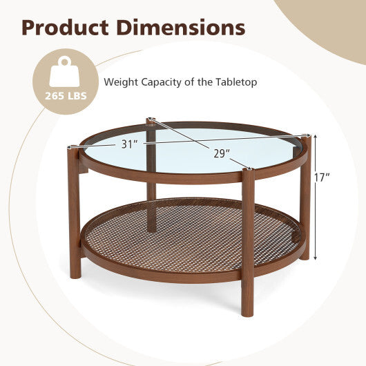 31 Inch 2-Tier Round Coffee Table with Tempered Glass Top for Living Room-Cherry W2B