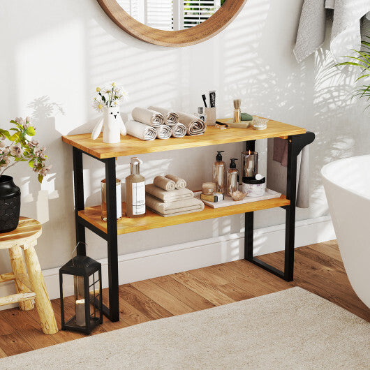 2-Tier Solid Teak Wood Bathroom Shelf with Towel Rack W2B