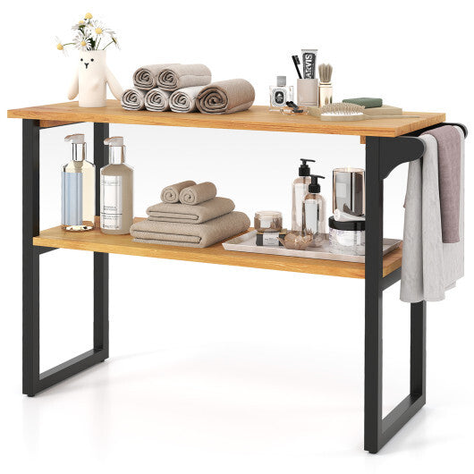 2-Tier Solid Teak Wood Bathroom Shelf with Towel Rack W2B