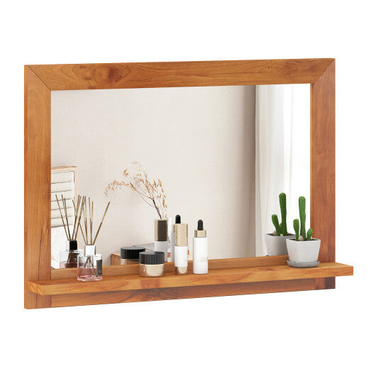 Farmhouse Wall Mirror with Shelf and Teak Wood Frame