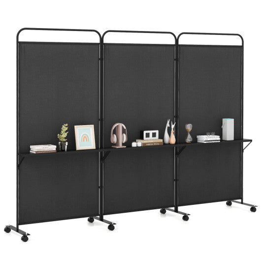 3-Panel Folding Room Divider with 3 Metal Shelves and Lockable Wheels-Brown W2B
