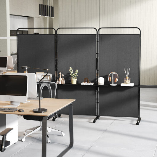 3-Panel Folding Room Divider with 3 Metal Shelves and Lockable Wheels-Brown W2B