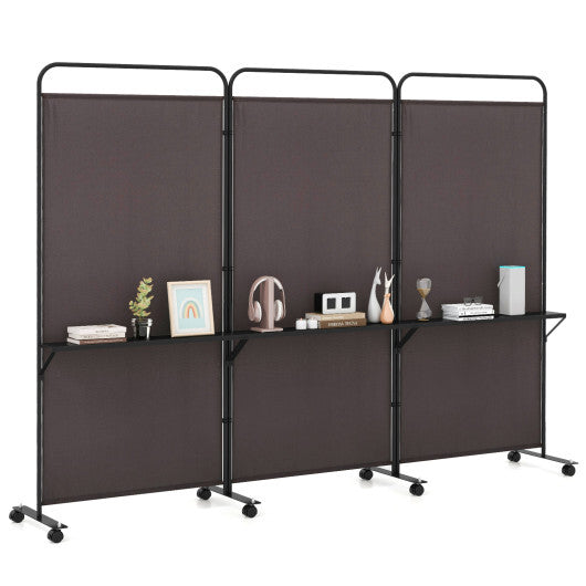 3-Panel Folding Room Divider with 3 Metal Shelves and Lockable Wheels-Brown W2B