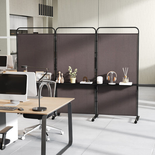 3-Panel Folding Room Divider with 3 Metal Shelves and Lockable Wheels-Brown W2B
