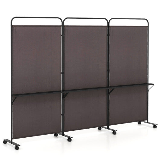 3-Panel Folding Room Divider with 3 Metal Shelves and Lockable Wheels-Brown W2B