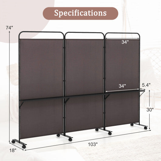3-Panel Folding Room Divider with 3 Metal Shelves and Lockable Wheels-Brown W2B