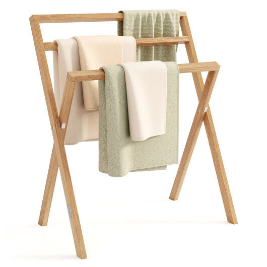 Freestanding Foldable Teak Wood Towel Rack with 3 Hanging Crossbars W2B
