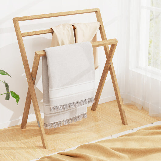 Freestanding Foldable Teak Wood Towel Rack with 3 Hanging Crossbars W2B