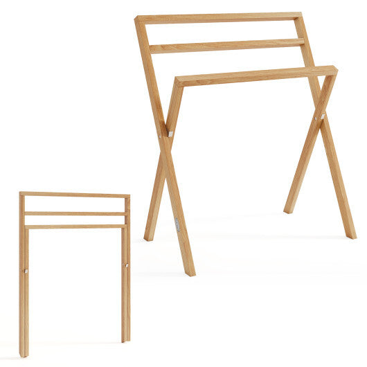 Freestanding Foldable Teak Wood Towel Rack with 3 Hanging Crossbars W2B