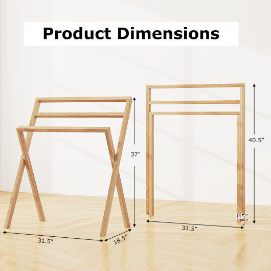 Freestanding Foldable Teak Wood Towel Rack with 3 Hanging Crossbars W2B