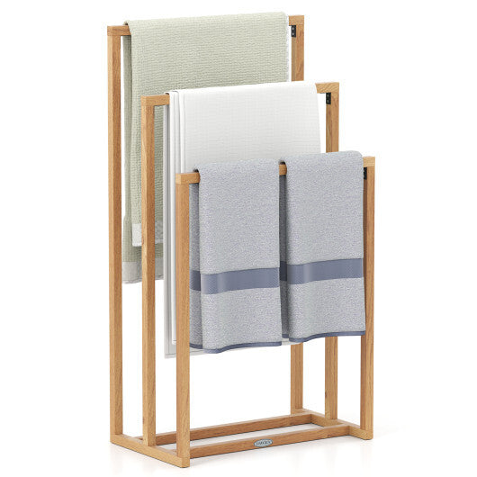 3-Tier Teak Wood Towel Rack with 3 Hanging Crossbars W2B