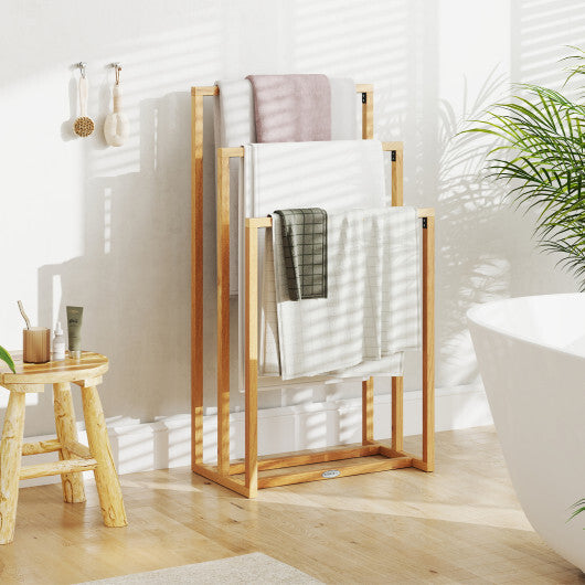 3-Tier Teak Wood Towel Rack with 3 Hanging Crossbars W2B