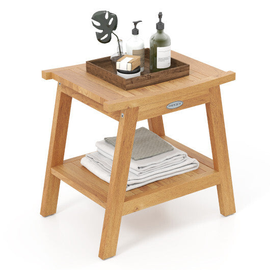 20 Inches Teak Wood Shower Bench with Storage Shelf and Adjustable Foot Pads