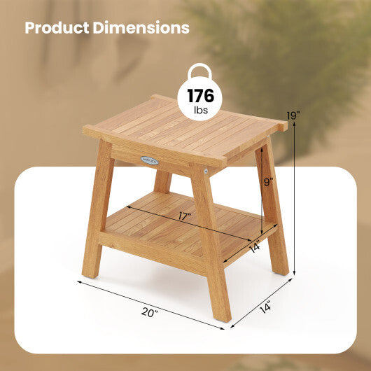20 Inches Teak Wood Shower Bench with Storage Shelf and Adjustable Foot Pads