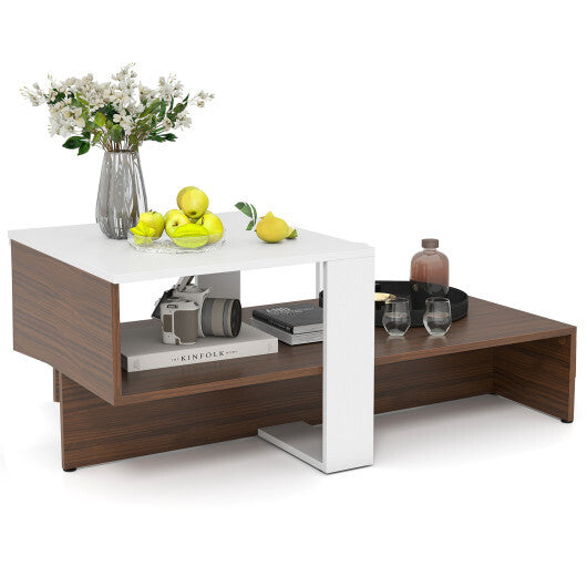 2-Tier Geometric Coffee Table with Storage Shelves for Living Room and Reception Room-White and Brown W2B