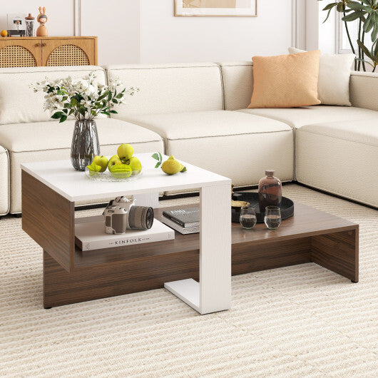 2-Tier Geometric Coffee Table with Storage Shelves for Living Room and Reception Room-White and Brown W2B