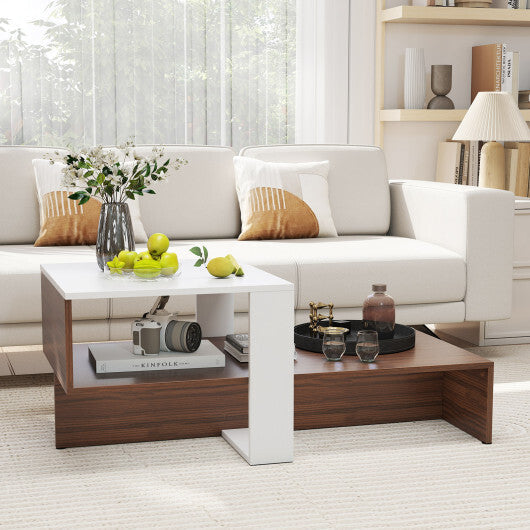 2-Tier Geometric Coffee Table with Storage Shelves for Living Room and Reception Room-White and Brown W2B