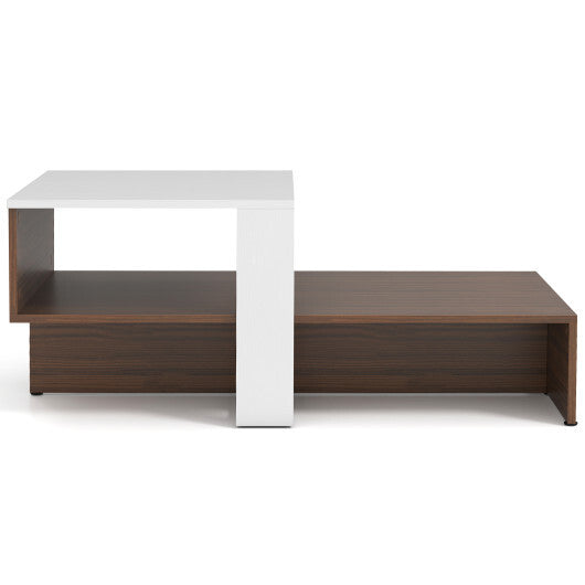 2-Tier Geometric Coffee Table with Storage Shelves for Living Room and Reception Room-White and Brown W2B