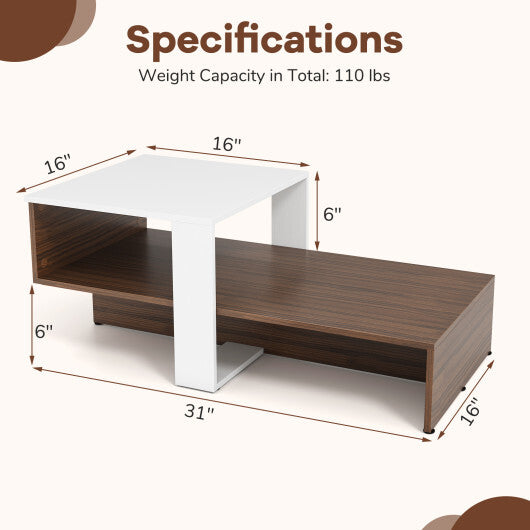 2-Tier Geometric Coffee Table with Storage Shelves for Living Room and Reception Room-White and Brown W2B