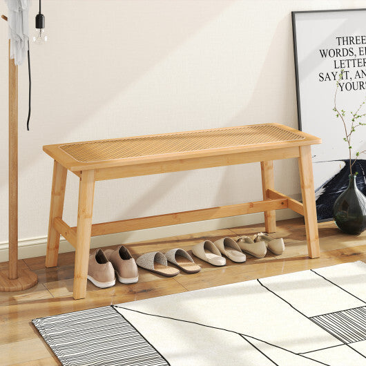 39.5 Inch Bamboo Dining Bench with Handwoven Rattan Seat for Indoor Outdoor-Natural W2B