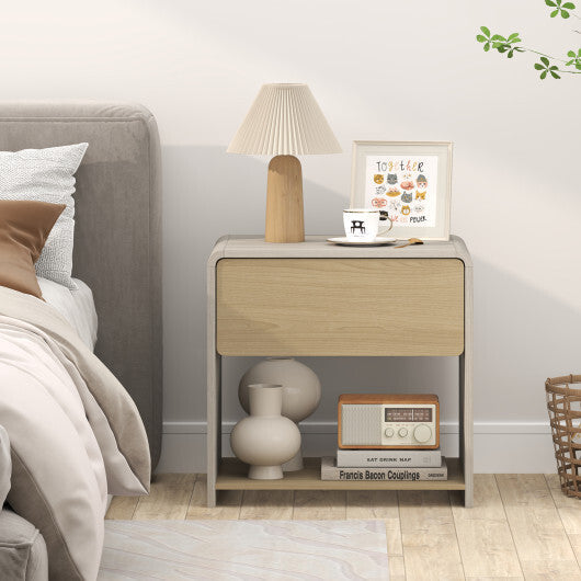 2-Tier Modern Style Nightstand with Drawer and Open Shelf-Oak W2B