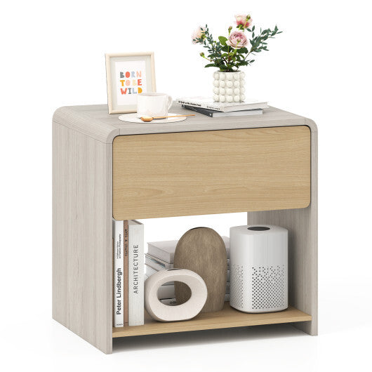 2-Tier Modern Style Nightstand with Drawer and Open Shelf-Oak W2B