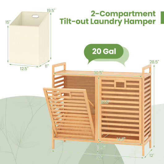 Double Tilt-out Laundry Hamper with 2 Removable Bins-Natural W2B