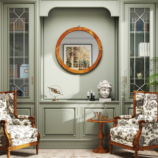 27 Inch Round Wall Mirror with Solid Acacia Wood Frame-Brown