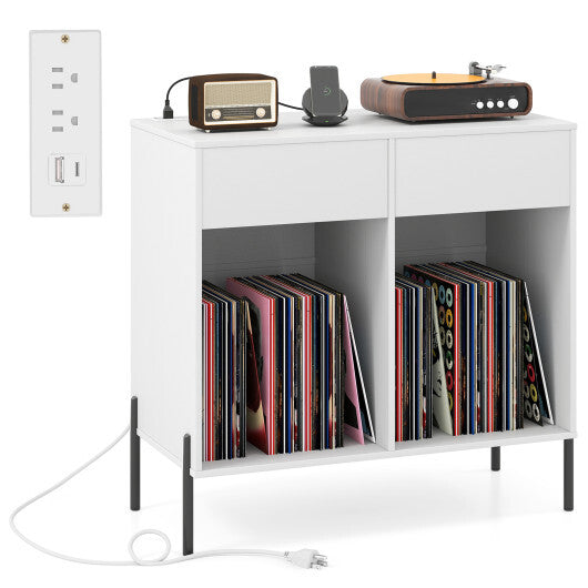 Record Player Stand with Power Outlets Double Wide Turntable Stand Vinyl Record Storage Table-White