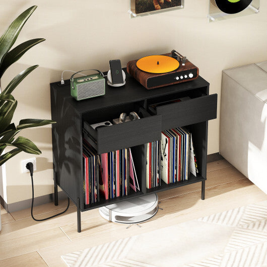 Record Player Stand with Power Outlets Double Wide Turntable Stand Vinyl Record Storage Table-White