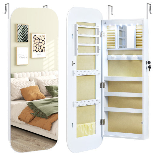 6 LEDs Mirror Jewelry Cabinet Wall or Door Mounted Lockable Jewelry Organizer-White W2B